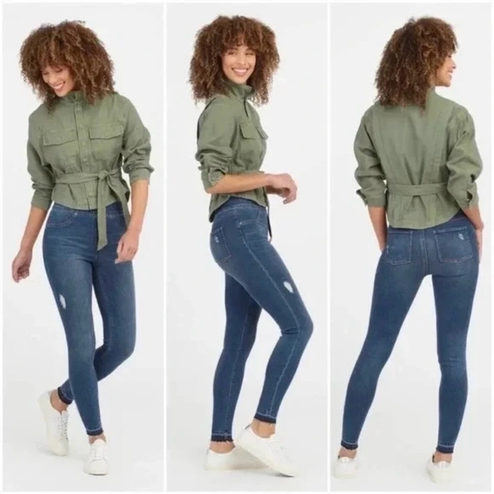 SPANX Distressed Ankle Skinny Pull On Jeans in Medium Wash Size Large